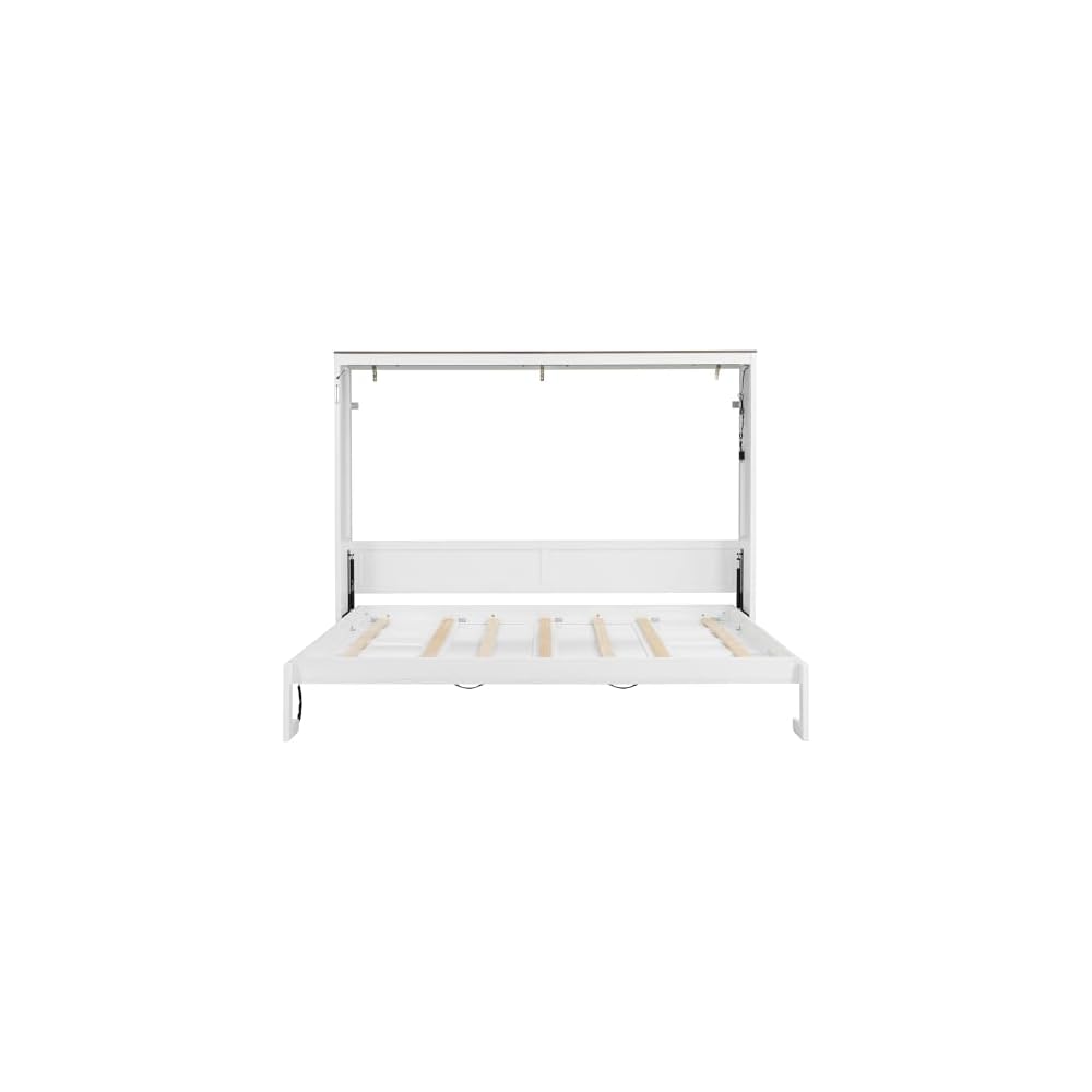MERITLINE Full Horizontal Murphy Bed with LED Lighting,Solid Wood Folding Farmhouse Murphy Wall Bed Cabinet for Adults, Space-Saving Hideaway (White,Full)