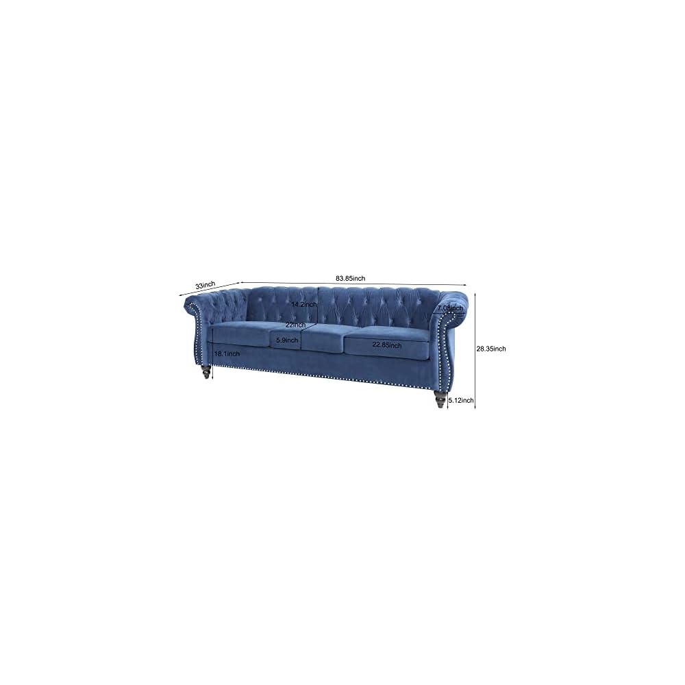 ONCIN Velvet Chesterfield Sofa, 84'' Modern Tufted 3 Seater Couch with Scroll Arms and Wood Legs for Living Room Bedroom (Blue), Blue Velvet, 84 In Chesterfield Sofa
