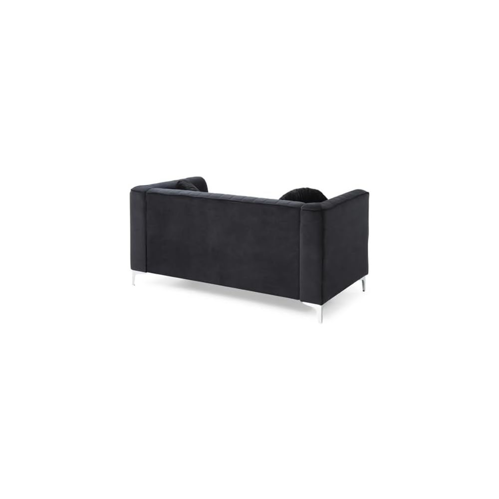 MAKLAINE Contemporary Velvet Tufted Loveseat, Black Micro Suede, Chrome Legs, 65 in x 34 in x 32 in, 2-Seater with Throw Pillows, Sloped Arms, Medium Firmness, Compact Living Room Seating