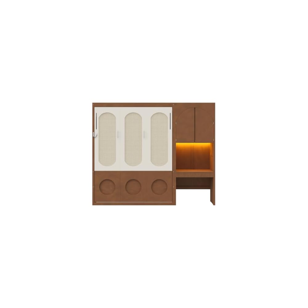 Merax Queen Size Murphy Bed with Desk, Storage Cabinet & LED Light, Walnut