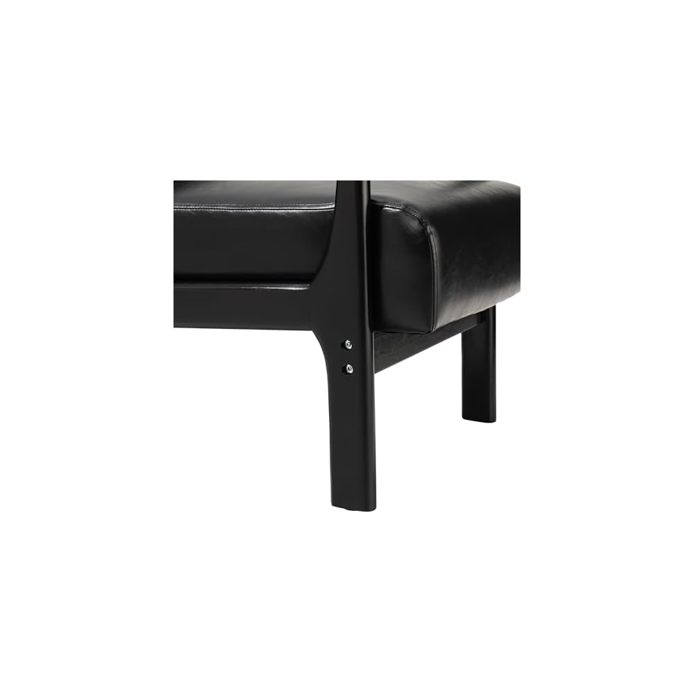 Glitzhome Accent Armchair with Walnut Ruberwood Frame, Black PU Leather Lounge Chair for Living Room