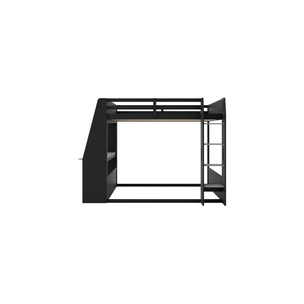 Merax Twin Over Twin Wooden Gaming Bunk Bed with Built-in Desk, LED Lights, USB Port, and 2 Storage Shelves, Solid Wood Gaming Loft Bed for Bedroom, Black+Red