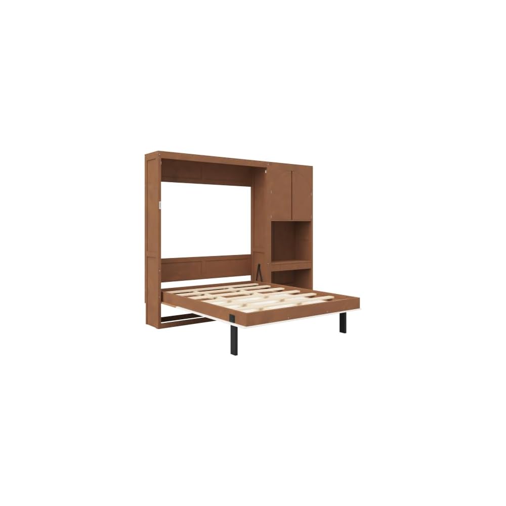 Merax Queen Size Murphy Bed with Desk, Storage Cabinet & LED Light, Walnut