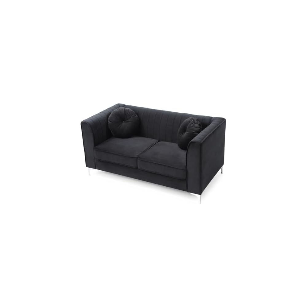 MAKLAINE Contemporary Velvet Tufted Loveseat, Black Micro Suede, Chrome Legs, 65 in x 34 in x 32 in, 2-Seater with Throw Pillows, Sloped Arms, Medium Firmness, Compact Living Room Seating