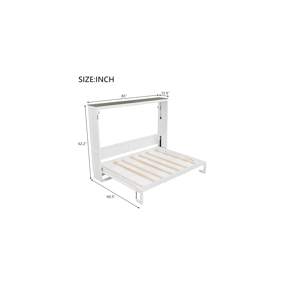 MERITLINE Full Horizontal Murphy Bed with LED Lighting,Solid Wood Folding Farmhouse Murphy Wall Bed Cabinet for Adults, Space-Saving Hideaway (White,Full)