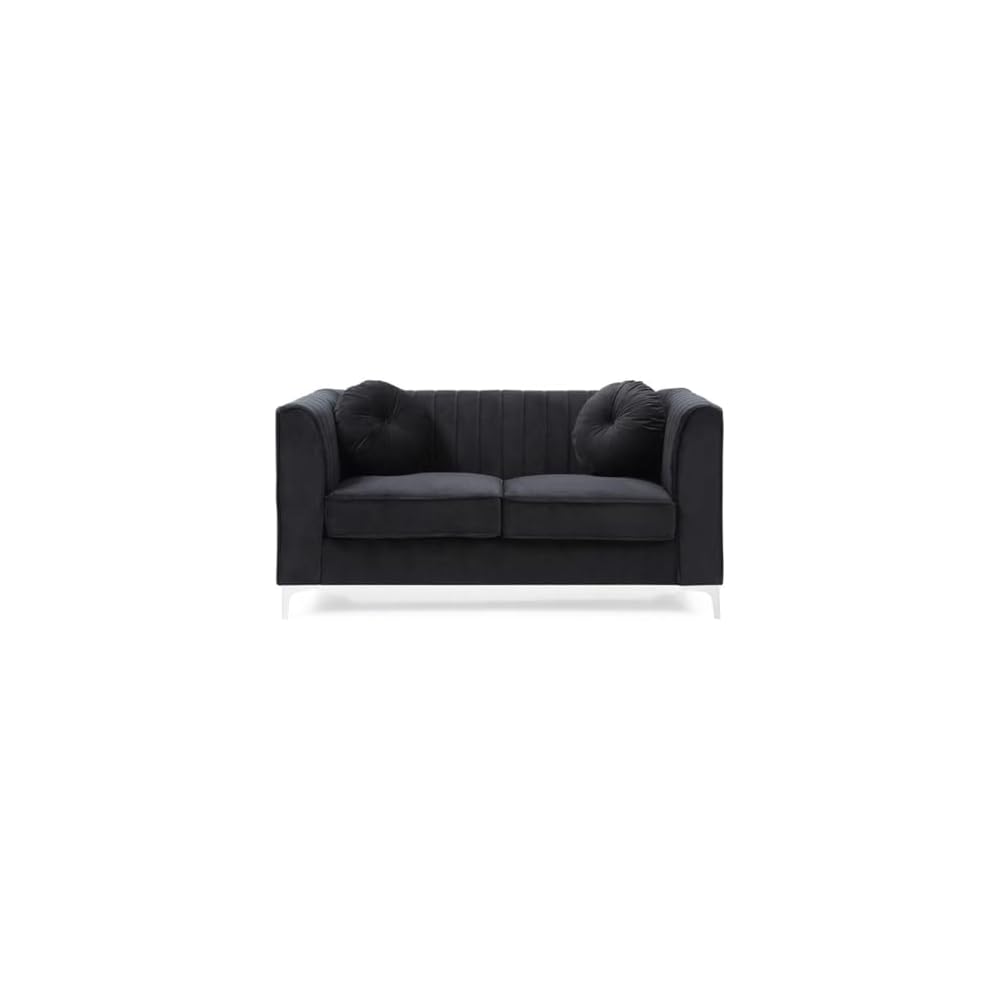 MAKLAINE Contemporary Velvet Tufted Loveseat, Black Micro Suede, Chrome Legs, 65 in x 34 in x 32 in, 2-Seater with Throw Pillows, Sloped Arms, Medium Firmness, Compact Living Room Seating