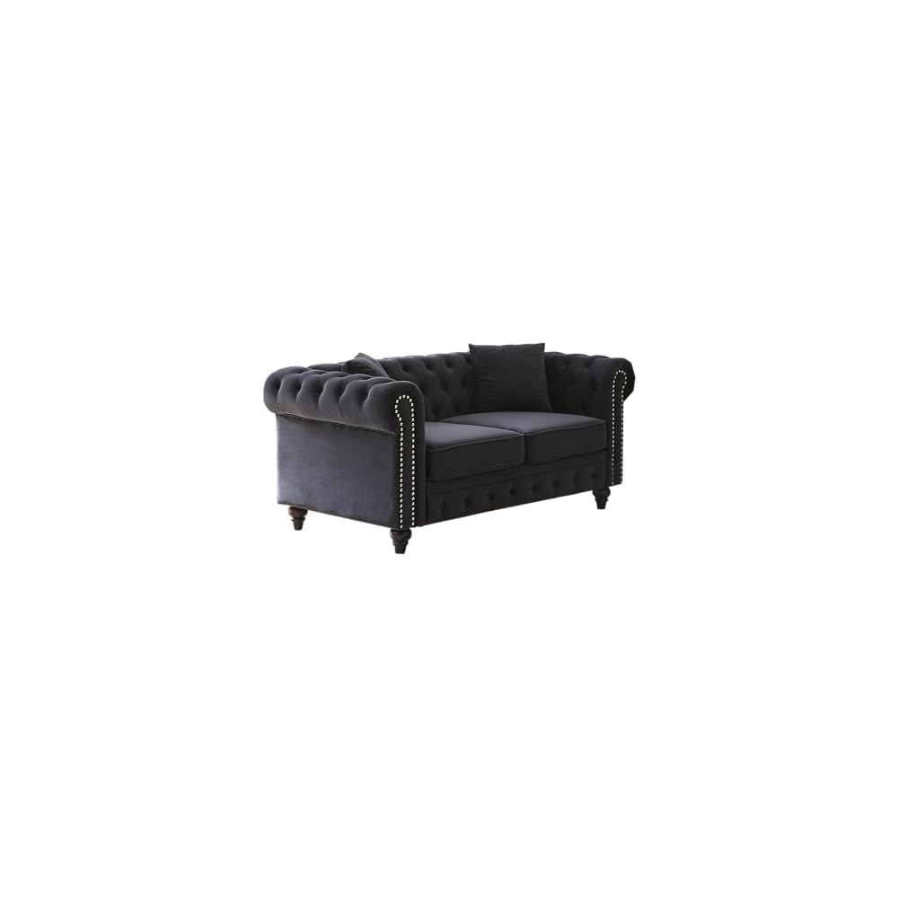 KEIKI 63.5" Chesterfield Sofa, Retro Style Velvet Upholstered Couch, Button Tufted Sofa with Rolled Arm for Living Room, Bedroom Office, Black