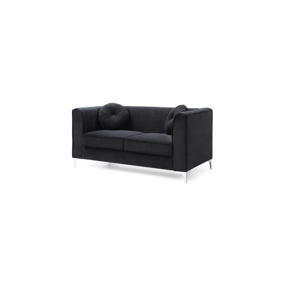 MAKLAINE Contemporary Velvet Tufted Loveseat, Black Micro Suede, Chrome Legs, 65 in x 34 in x 32 in, 2-Seater with Throw Pillows, Sloped Arms, Medium Firmness, Compact Living Room Seating