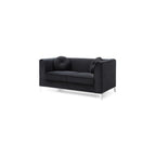 MAKLAINE Contemporary Velvet Tufted Loveseat, Black Micro Suede, Chrome Legs, 65 in x 34 in x 32 in, 2-Seater with Throw Pillows, Sloped Arms, Medium Firmness, Compact Living Room Seating