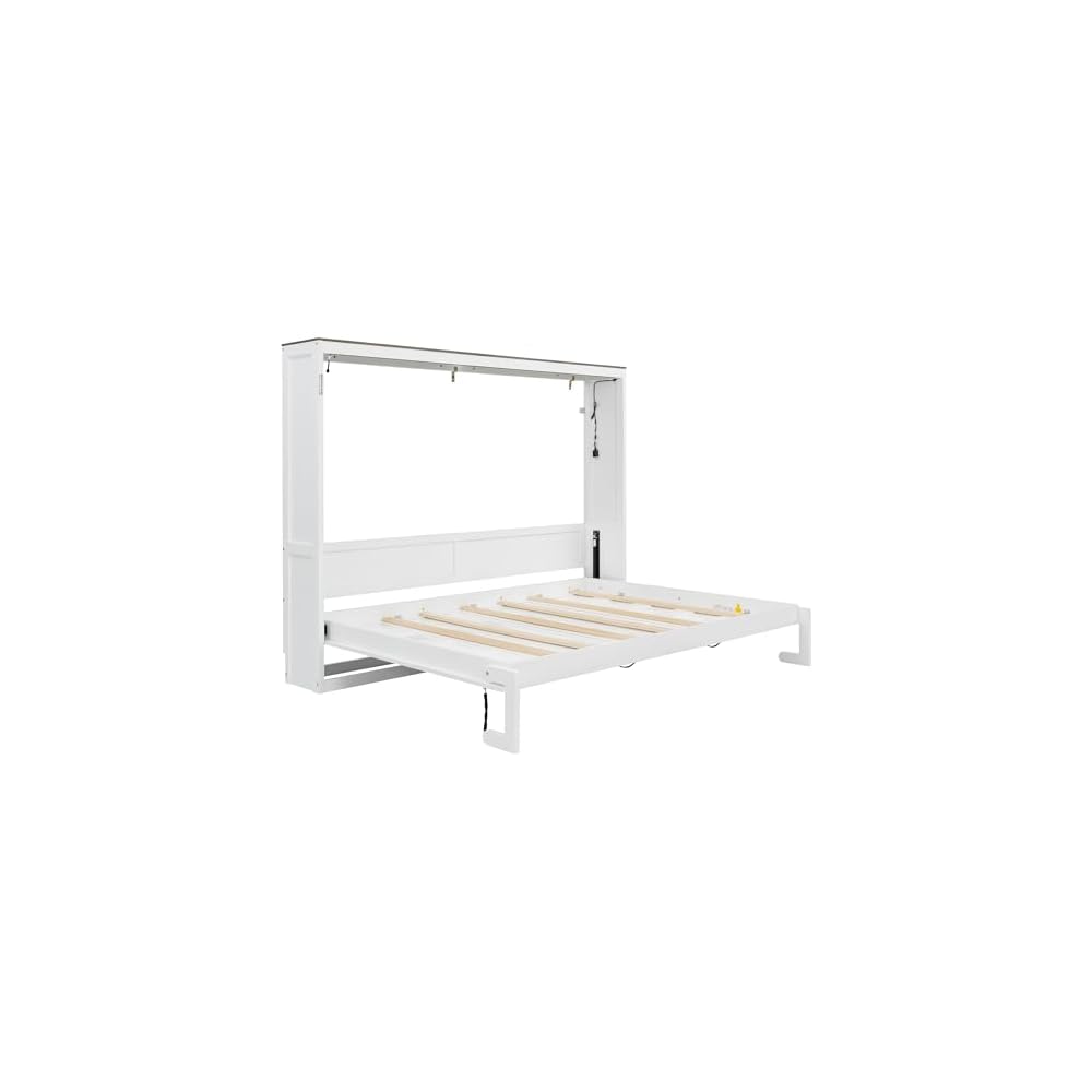 MERITLINE Full Horizontal Murphy Bed with LED Lighting,Solid Wood Folding Farmhouse Murphy Wall Bed Cabinet for Adults, Space-Saving Hideaway (White,Full)