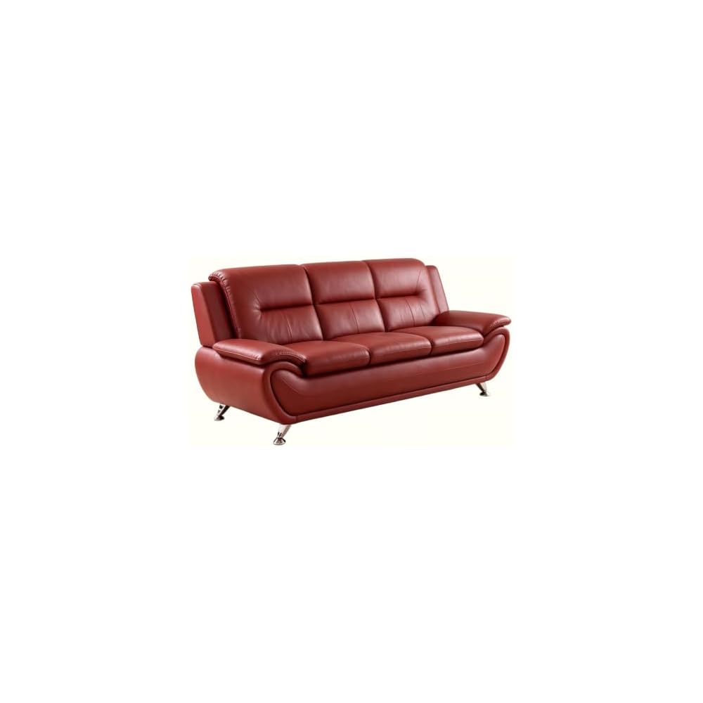 Red PU Leather 3-Seater Sofa, Curved Three Seat Couch with Metal Legs