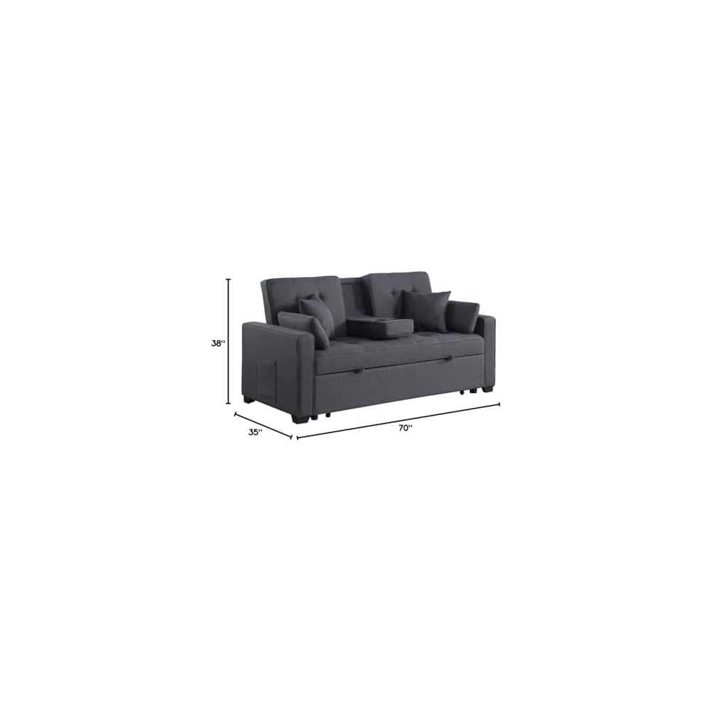 Lilola Home Cody II 70-inch Dark Gray Linen Convertible Sleeper Loveseat with Drop-Down Console, Cup Holders, USB & USB-C Charging Ports, Pocket Coil Seating — Multi-Functional Sofa Bed