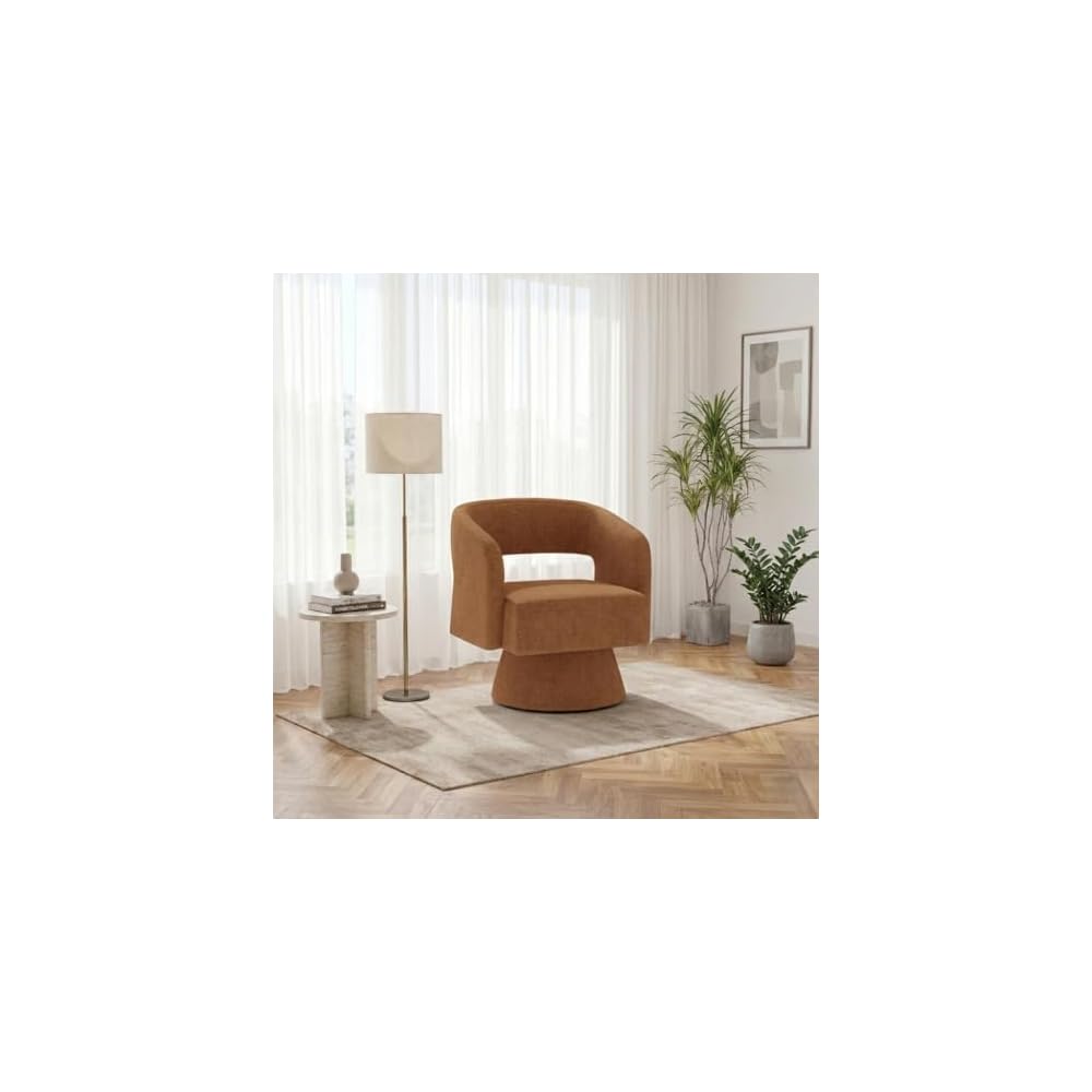 Chenille Barrel Accent Chair – Heavy Duty 360° Swivel, Oversized, Upholstered Round Design, Modern Stylish Furniture for Bedroom Living Room Lounge & Office (Brown, Set of 1)