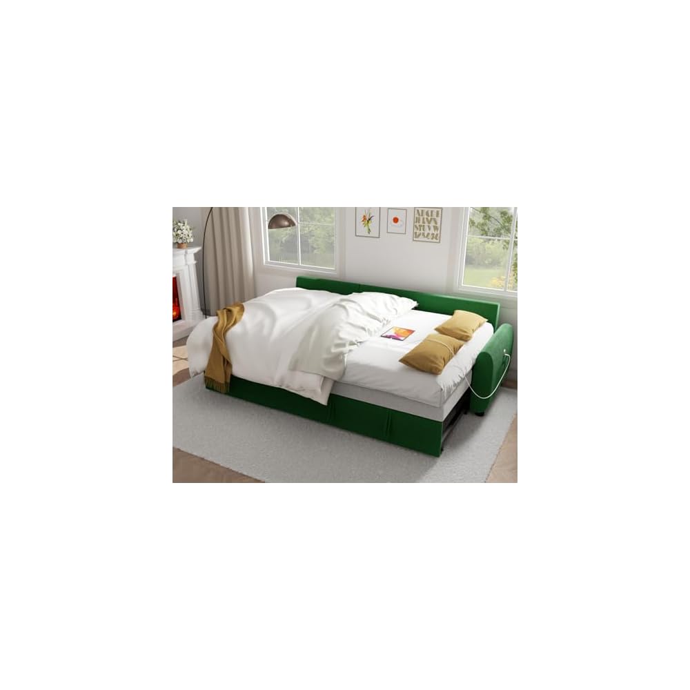 86" Sleeper Sofa Bed, Pull Out Couch Bed with Reversible Storage Chaise, Sectional Couches for Living Room with Side Pocket | Charging Station | Removable Backrest | Prime Linen, Green