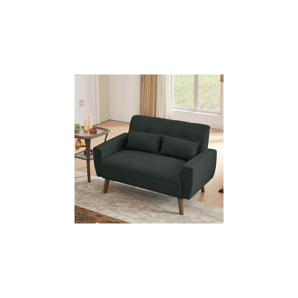 Loveseat Sofa Couch with Two Throw Pillows, Mid Century Modern 2 Seat Love Seat Couches for Living Room, Linen Fabric, 48" (Black)