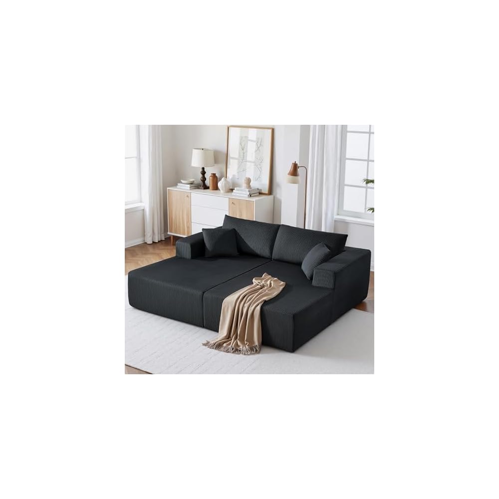 Oversized Double Lounge Chaise Indoor,81" Cloud Plush Sofa Bed,Corduroy Boneless Sleeper Sofa Bed with 2 Pillows,Modern Upholstered Sofa Couch for Living Room Bedroom,No Assembly Required,Black