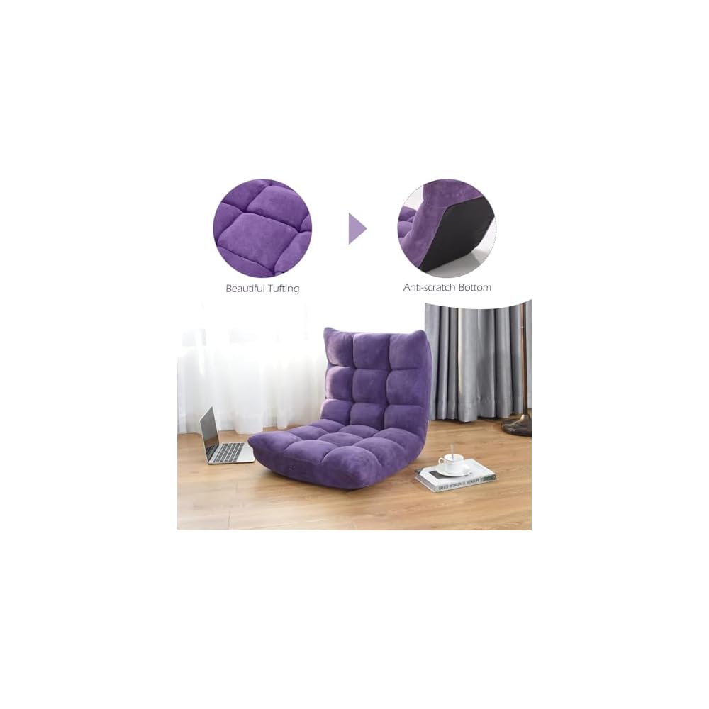 HOMGX Floor Chair with Back Support, 14-Poistion Adjustable Gaming Lazy Sofa Cushioned Chair w/Soft Coral Fleece & Memory Foam Padding, Folding Cushioned Meditation Chair for Reading (Violet)