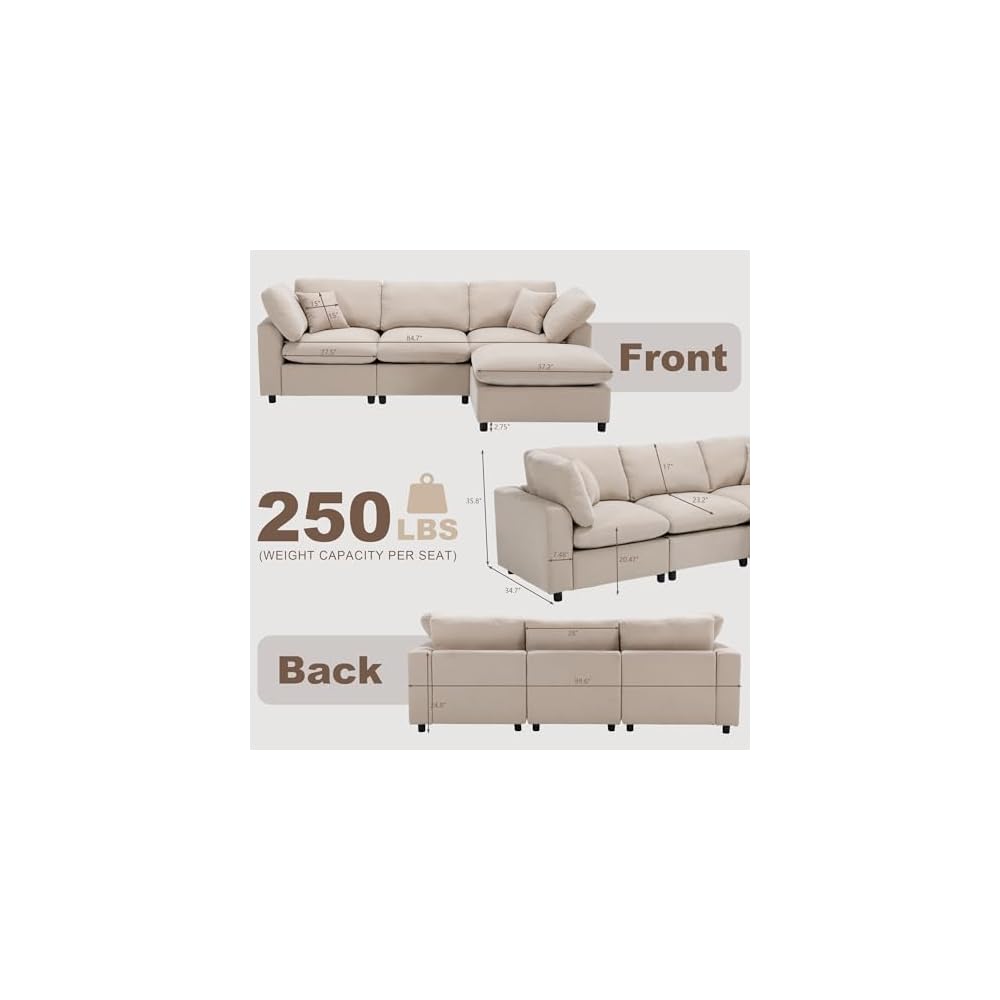 100" Wood Frame L-Shaped Modular Sectional Couch with Ottoman, Modern Cloud Chenille Sofa, Deep Seat 3 Seater & 4 Seat Cloud Modular Beige Upholstered Couch for Living Room, Bedroom, Apartment, Home