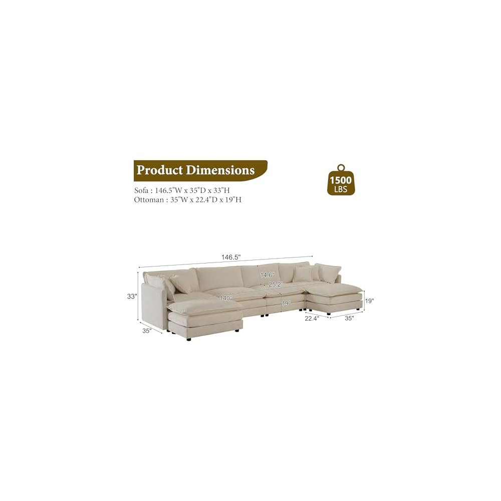Tmsan 146.5" Oversized U Shaped Sectional Sofa with 2 Ottomans, Modern 6 Seater Cloud Modular Couch for Living Room, Bedroom,Family, Camel Chenille