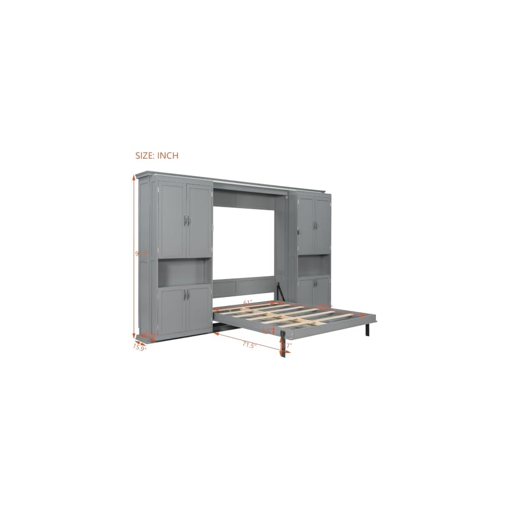 SOFTSEA Queen Murphy Bed with Dual Sliding Cabinets, Gray