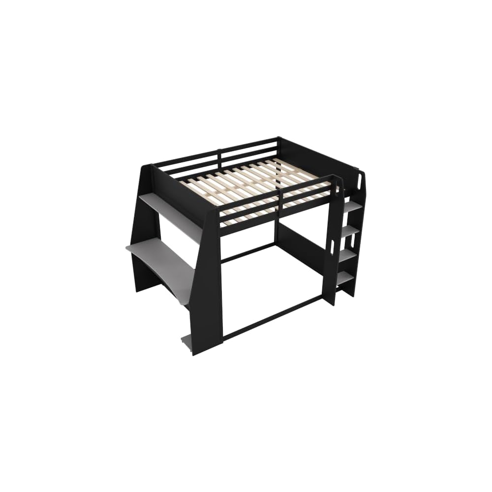 Merax Twin Over Twin Wooden Gaming Bunk Bed with Built-in Desk, LED Lights, USB Port, and 2 Storage Shelves, Solid Wood Gaming Loft Bed for Bedroom, Black+Red