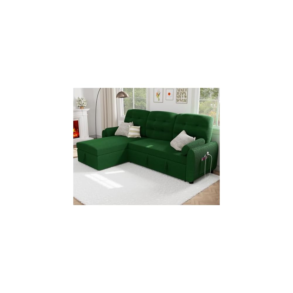 86" Sleeper Sofa Bed, Pull Out Couch Bed with Reversible Storage Chaise, Sectional Couches for Living Room with Side Pocket | Charging Station | Removable Backrest | Prime Linen, Green