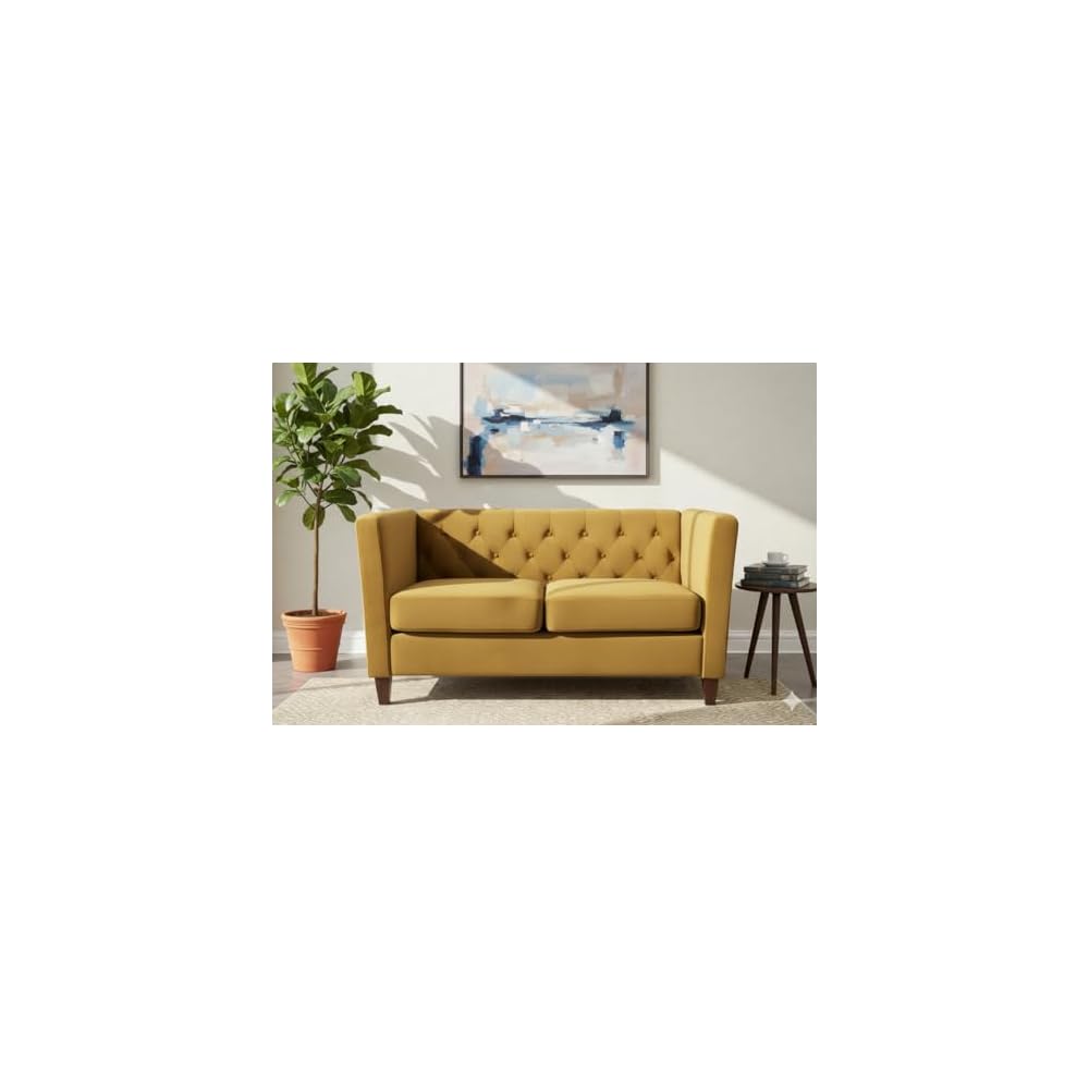 57" Tufted Velvet Love Seat, Loveseat Sofa with Spring Support, Small Sofa with Wood Frame for Living Room and Apartment Spaces, Mustard Yellow