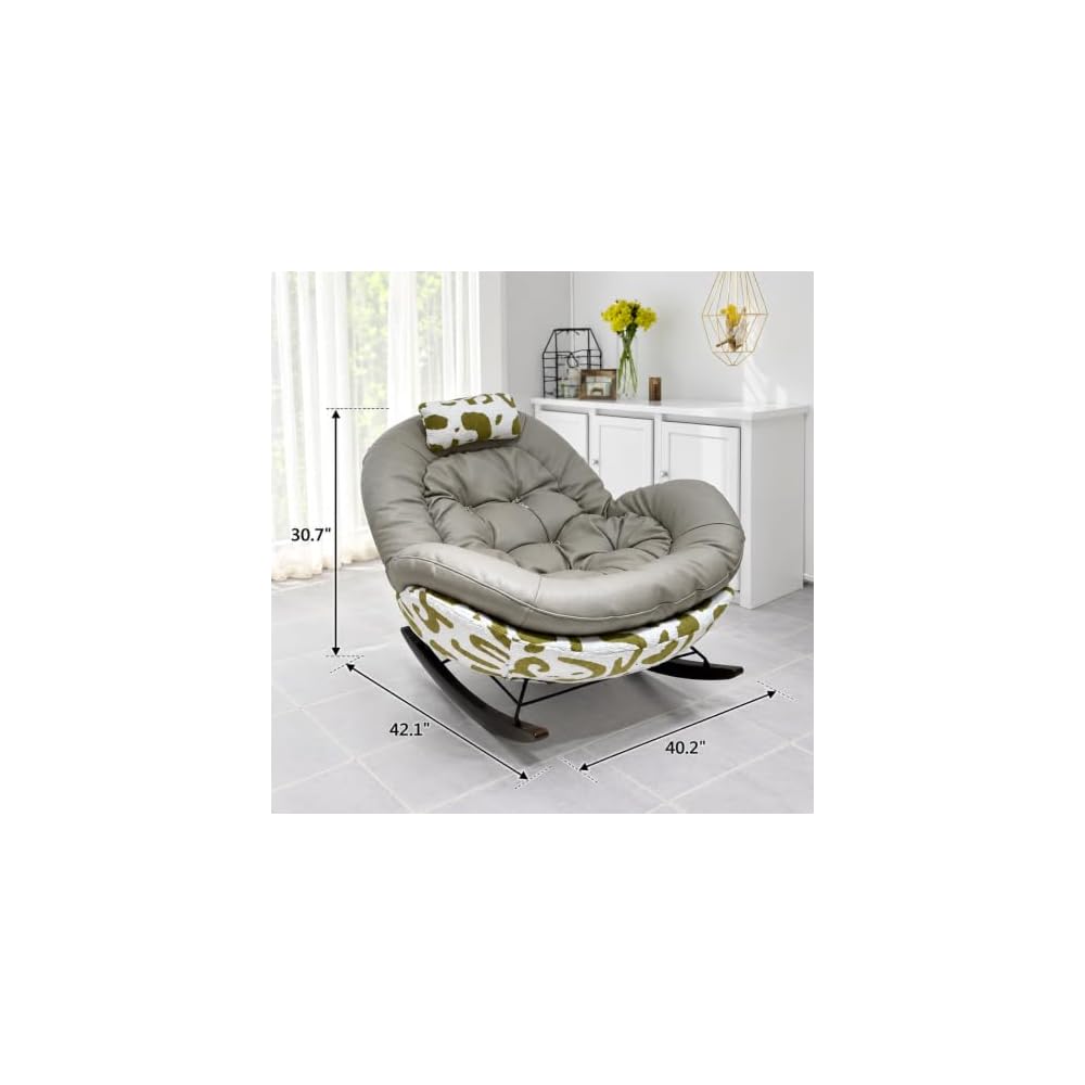 Leather Rocking Recliner Chair, Gray, Tufted Lounge Chair for Living Room