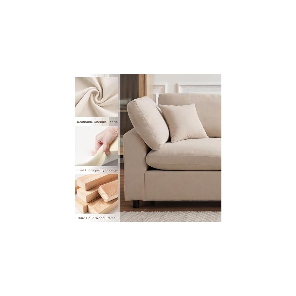 100" Wood Frame L-Shaped Modular Sectional Couch with Ottoman, Modern Cloud Chenille Sofa, Deep Seat 3 Seater & 4 Seat Cloud Modular Beige Upholstered Couch for Living Room, Bedroom, Apartment, Home