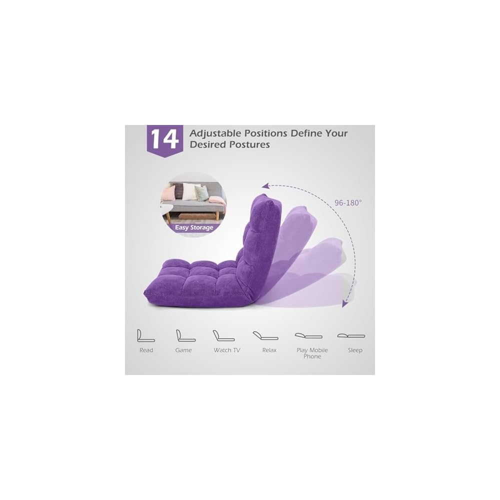 HOMGX Floor Chair with Back Support, 14-Poistion Adjustable Gaming Lazy Sofa Cushioned Chair w/Soft Coral Fleece & Memory Foam Padding, Folding Cushioned Meditation Chair for Reading (Violet)