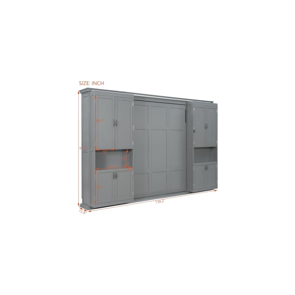 SOFTSEA Queen Murphy Bed with Dual Sliding Cabinets, Gray
