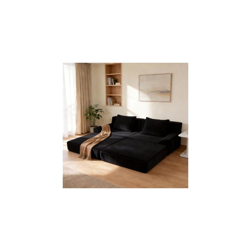 Cloud Modular Floor Boneless Sofa Bed, 81" Corduroy Convertible Loveseat Sleeper, No-Assembly Memory Foam Couch, Washable Cover & Non-Slip Bottom, Ideal for Small Space, Apartment, Guest Room (Black)