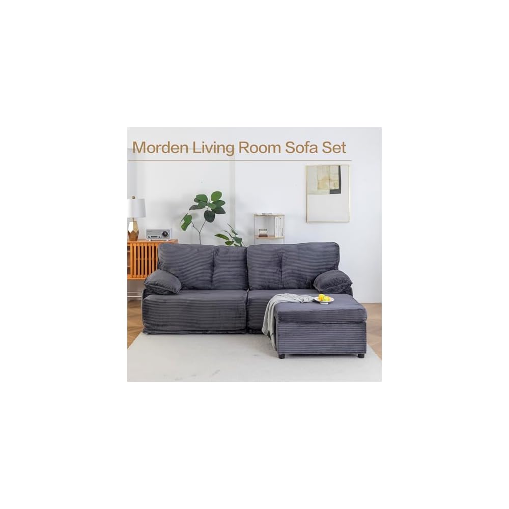 Keydo 90" Oversize Loveseat Sofa with Storage Ottoman, Love Seat Couch with Coffee Table, L Shaped Couch Sofa for Living Room, Deep and Wide Seat, Gray