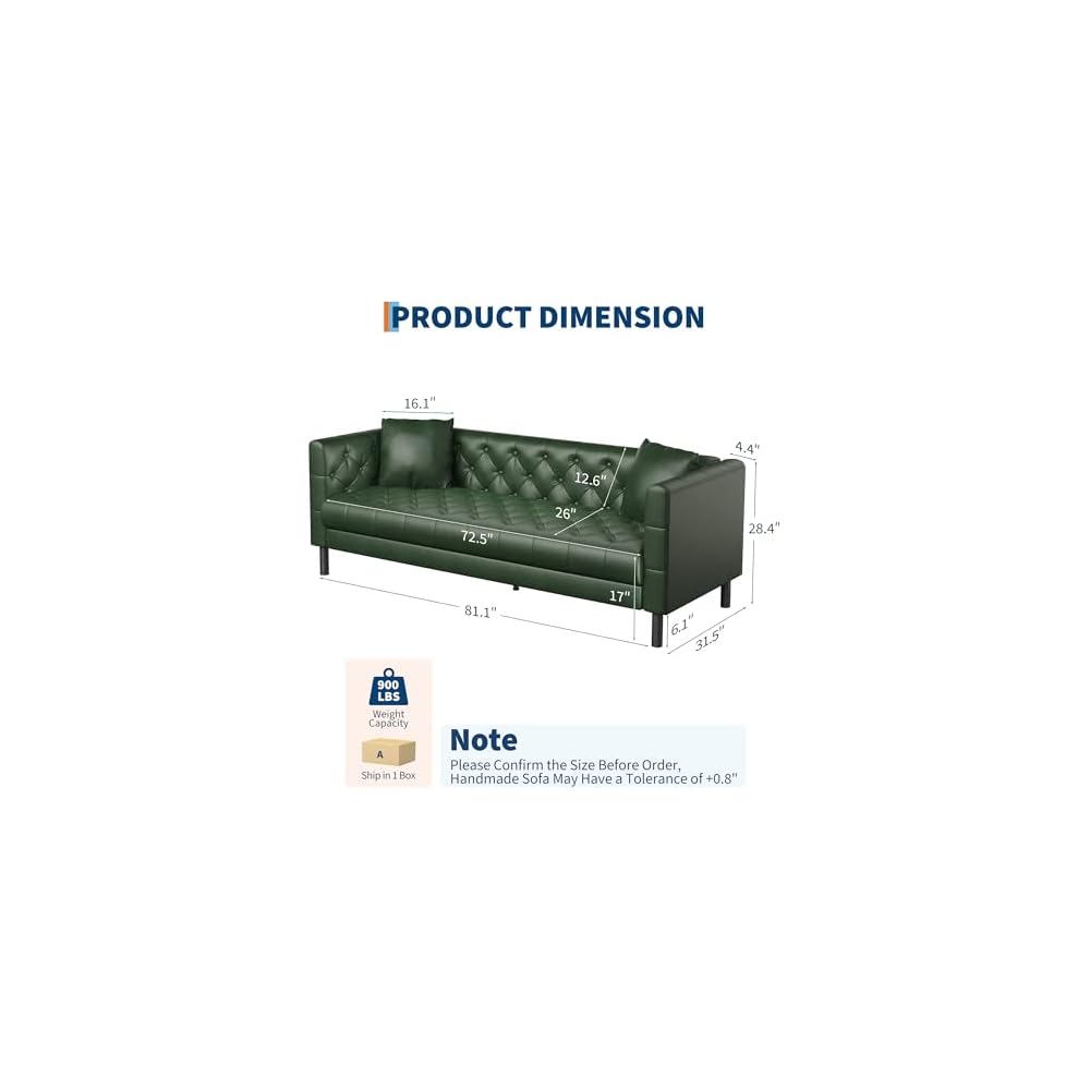81" PU Leather Couch, Chesterfield 3 Seater Sofa, Vintage Green