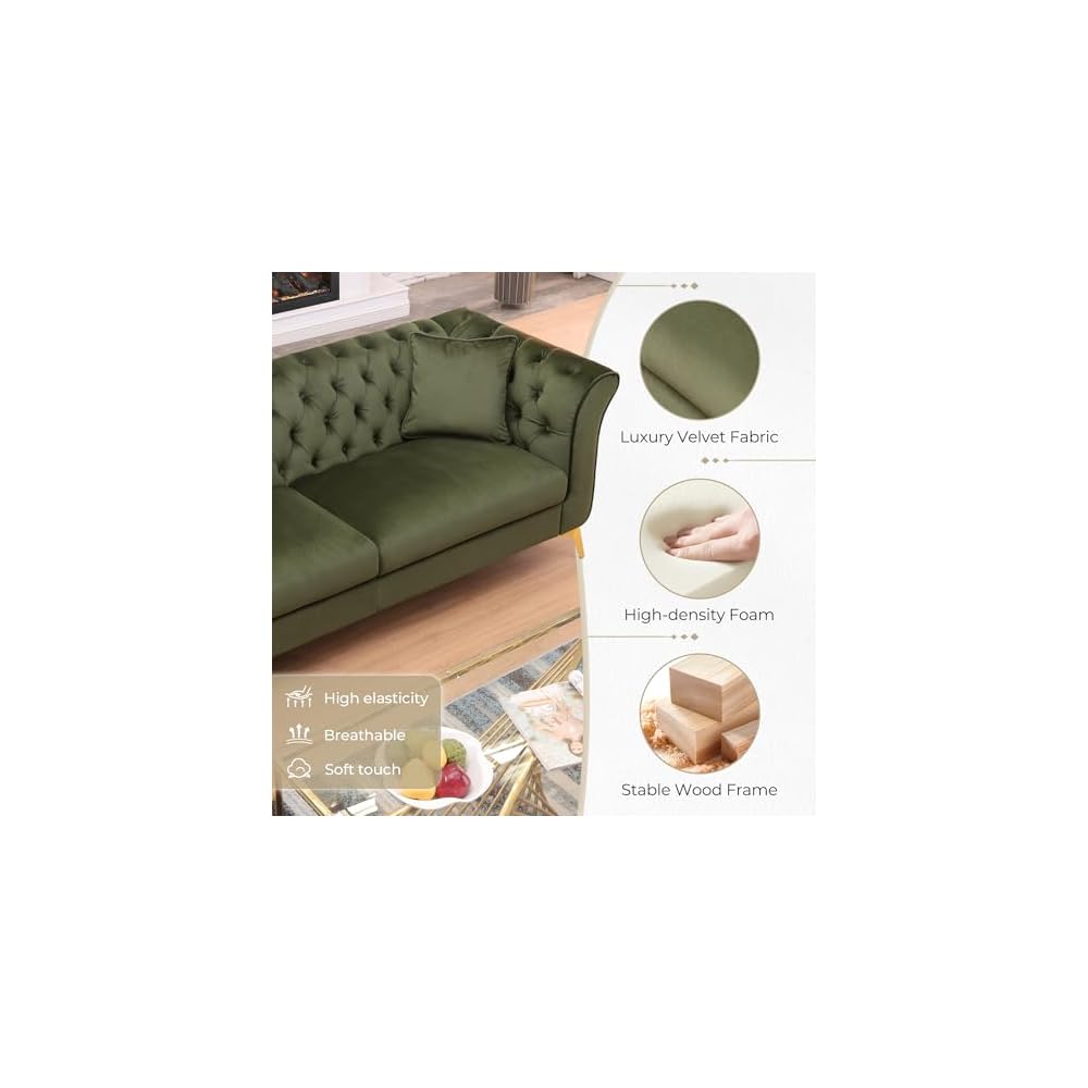 87" Chesterfield Sofa, Contemporary Stanford Sofa, 3 Seater Deep Seat Sofa, Comfy Upholstered Velvet Couch with Scroll Arm and Scroll Back for Living Room Bedroom Office, Green
