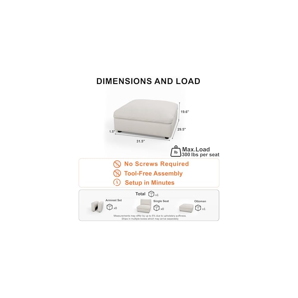 Cloud Sectional Couch with Washable Cover, Wide Deep Seat Modular Sectional Sofa for Living Room, Only Ottoman, Off-White