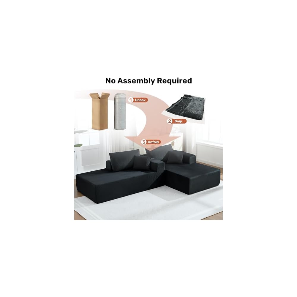 Oversized Double Lounge Chaise Indoor,81" Cloud Plush Sofa Bed,Corduroy Boneless Sleeper Sofa Bed with 2 Pillows,Modern Upholstered Sofa Couch for Living Room Bedroom,No Assembly Required,Black