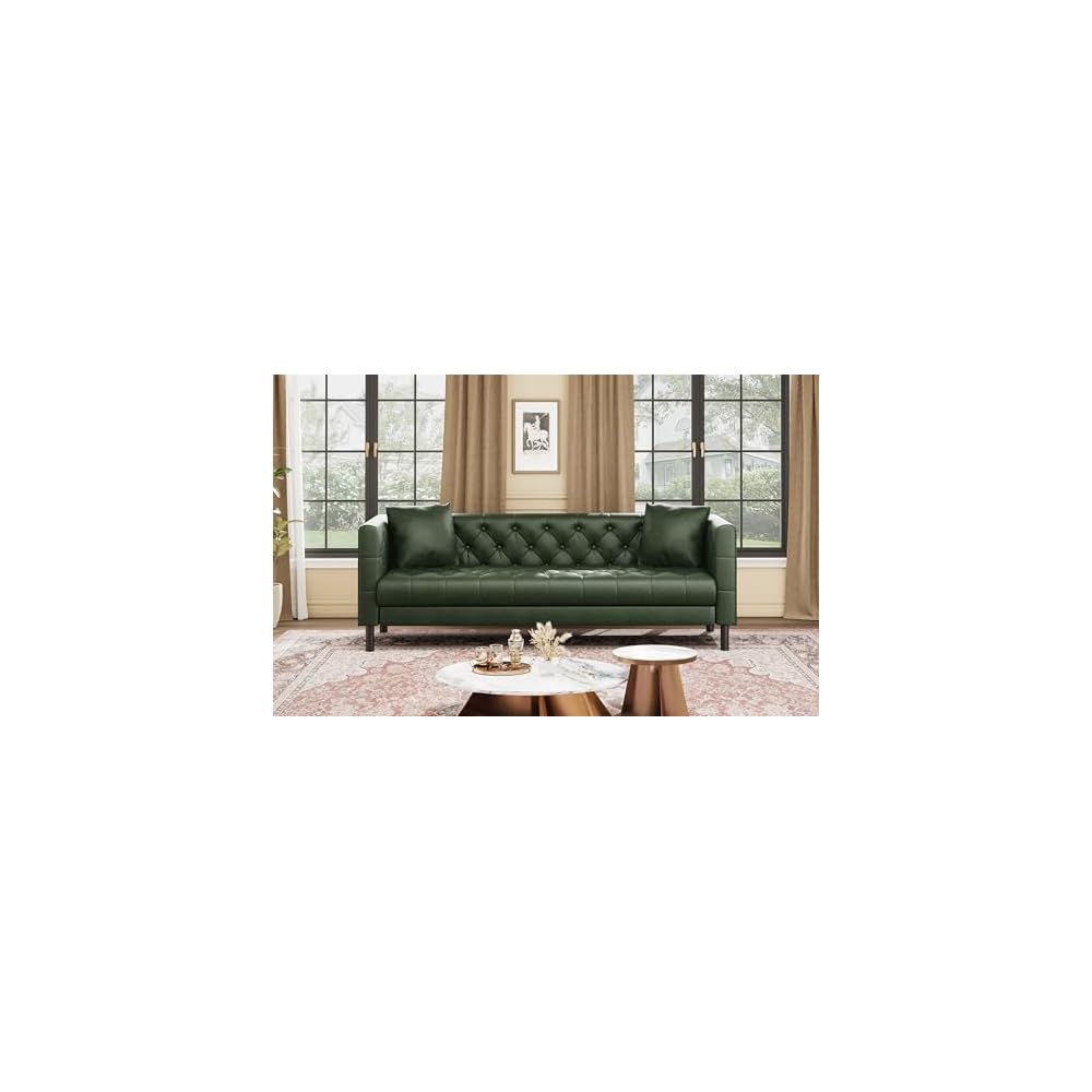 81" PU Leather Couch, Chesterfield 3 Seater Sofa, Vintage Green