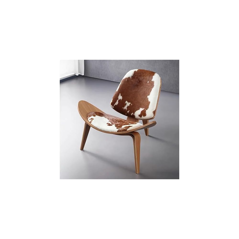 Mid-century Modern Shell Lounge Chair, High-end Cowhide, Scandinavian Furniture Three-legged Plywood Classic Design Solid Wood Decorative Chair, Suitable For Living Room, Reading, Lounge, Office, Salo