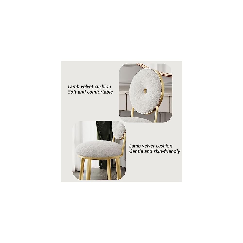 Vanity Chair for Makeup Room - Lambswool Vanity Stool Midcentury Modern Accent Chair with Backrest Velvet Chair with Gold Legs - for Living Room Bedroom (Color : White)
