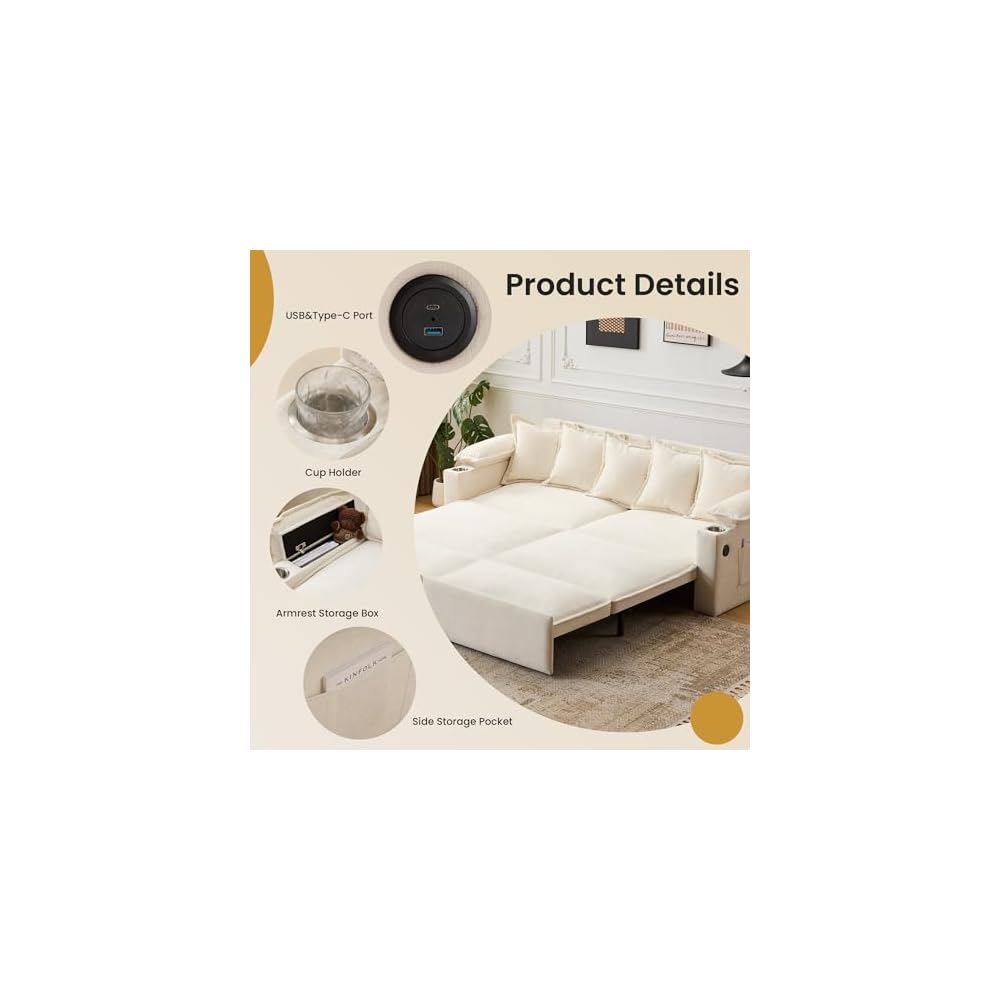 82.7’’ King Size Beige Pull Out Sofa Bed, 3 in 1 Convertible Sleeper Sofa Bed with Futon Sofa, Chenille Loveseat Couch Bed with USB and Storage Pockets for Living Room,Bedroom