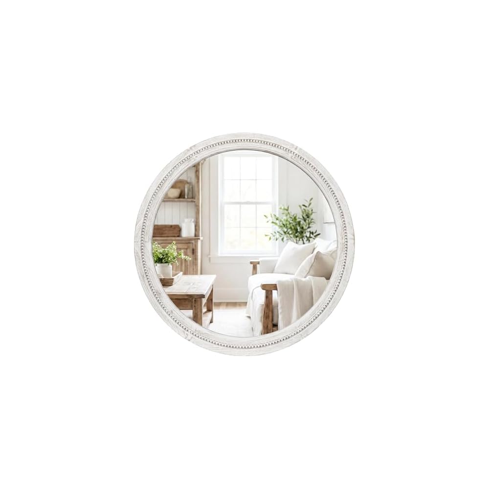 Solid Wood 30 Inch Round Beaded Vanity Wall Mirror, Natural Wood
