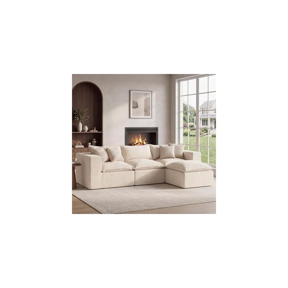 Apicizon 101" Boneless Cloud Sectional Couch for Living Room, Sectional L Shaped Sofa Couch with Ottoman, Modular Sleeper Sofa for Apartment，No Assembly, White