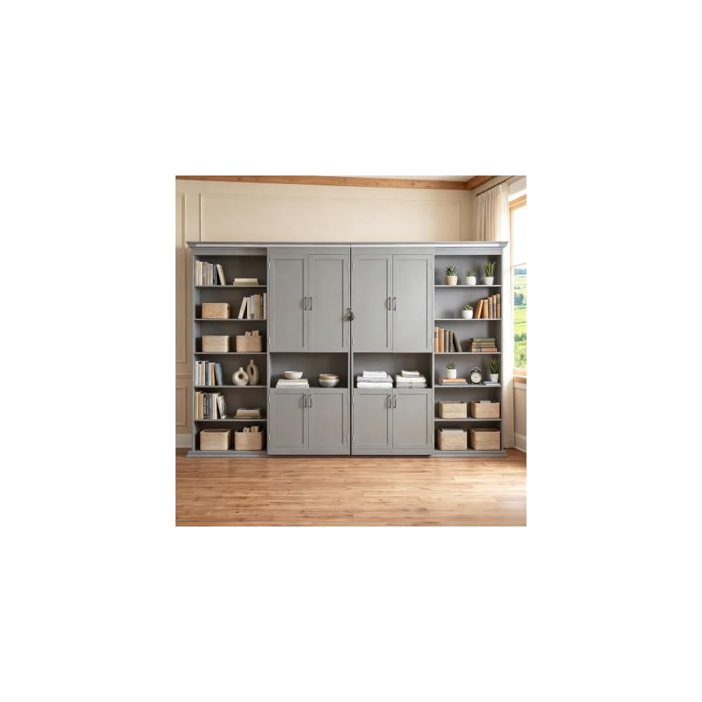 SOFTSEA Queen Murphy Bed with Dual Sliding Cabinets, Gray