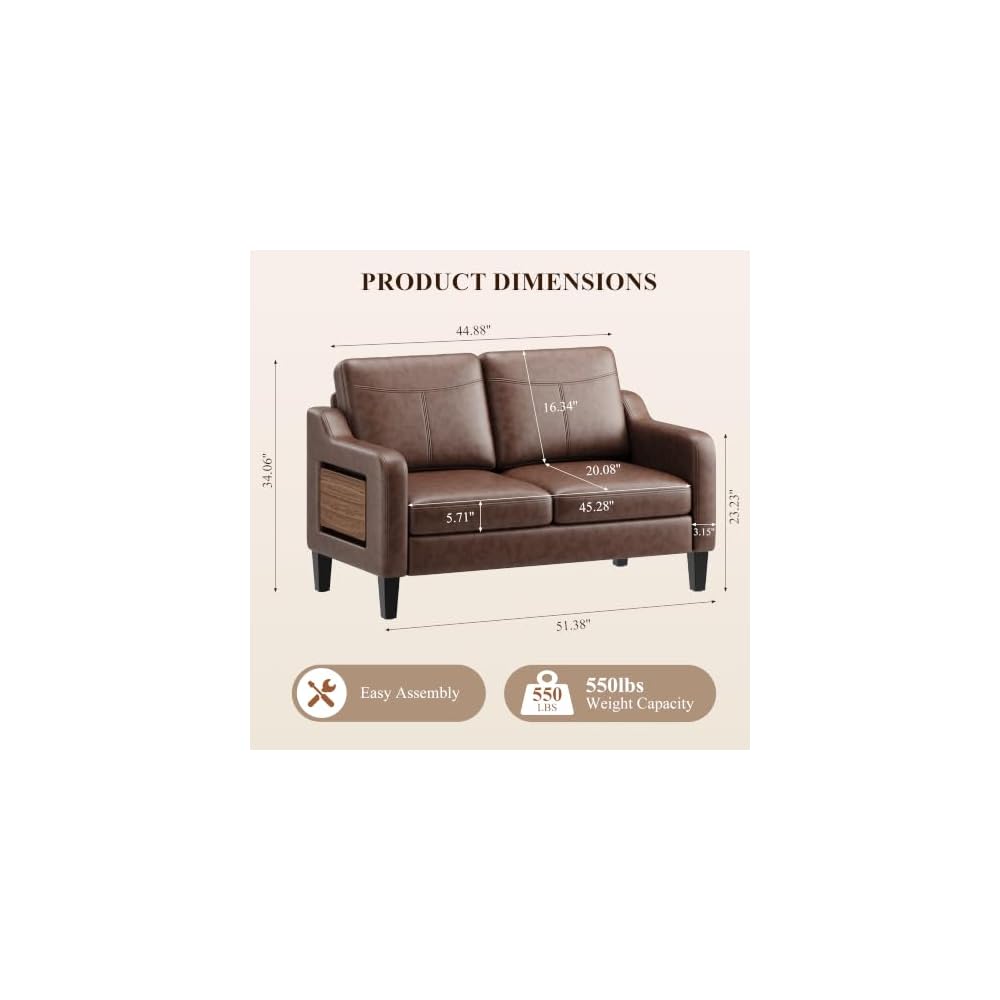MALOL 51" Leather Loveseat Sofa with Foldable Side Table, Chocolate Brown