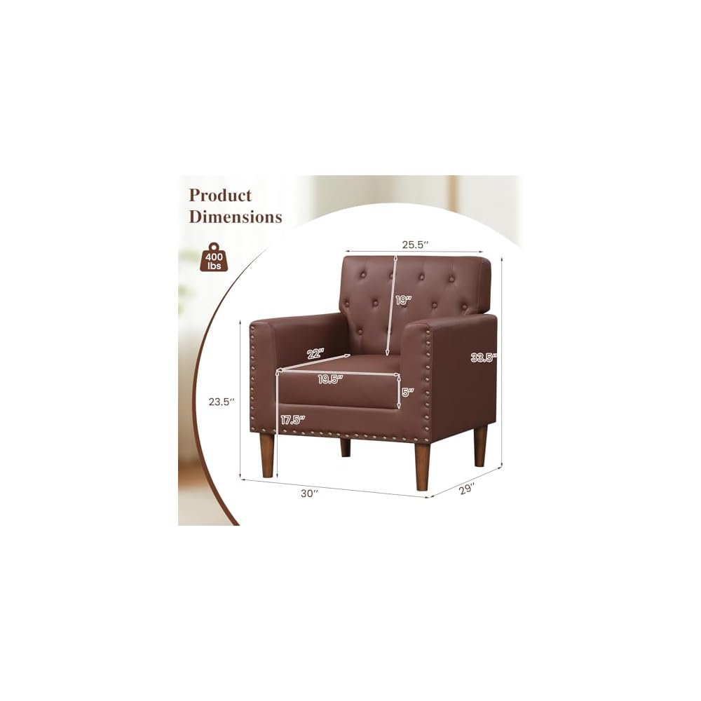 KOMFOTT Mid Century Modern Accent Chair, Faux Leather Upholstered Armchair with Button Tufted Decoration & Rivets, Rubber Wood Legs, Soft Padded Seat Cushion, Single Sofa for Living Room, Home (Brown)
