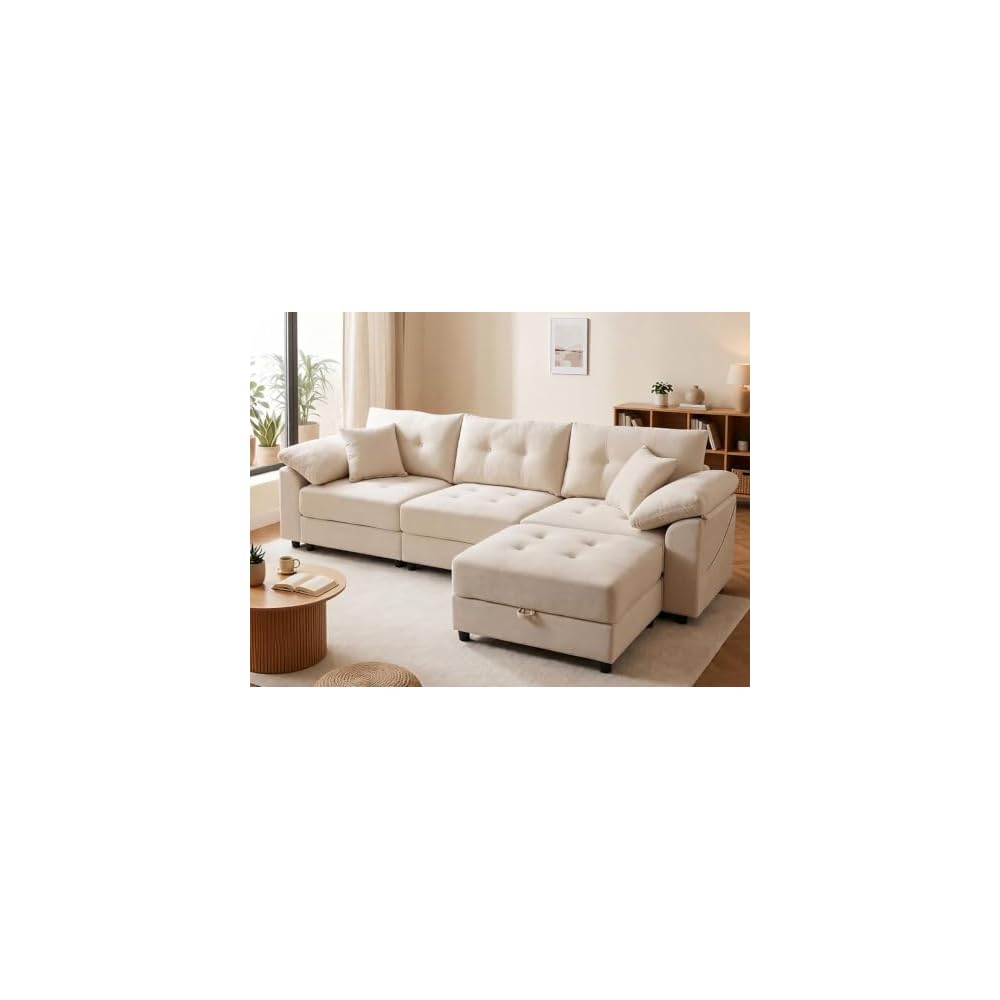 116" Modular Sectional Sofa with Storage Ottoman, Deep Seat L-Shaped Couch