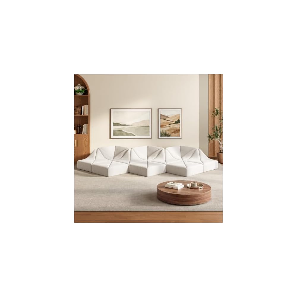 Dune Modular Sectional Sofa, Chenille Cloud Couch, Low Profile Floor Sofa Set, DIY Convertible Sectional Couch for Living Room, Cream White, 10-Pieces