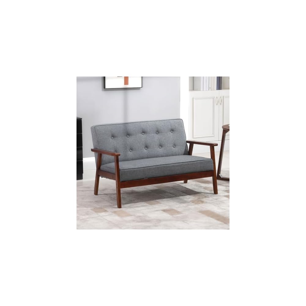 HOMCOM Modern Upholstered 2-Seat Loveseat Sofa with Linen-Touch Fabric and Rubberwood Legs, Grey