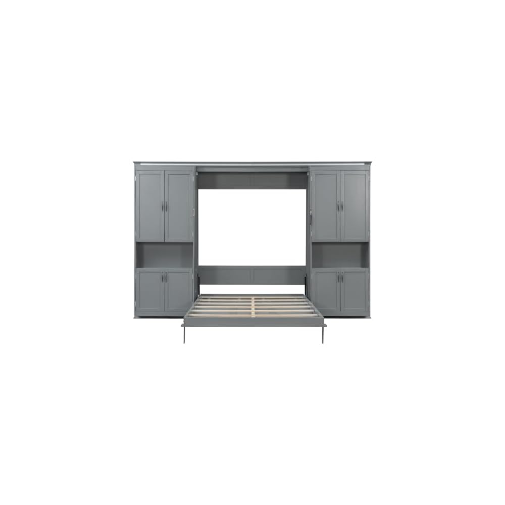 SOFTSEA Queen Murphy Bed with Dual Sliding Cabinets, Gray